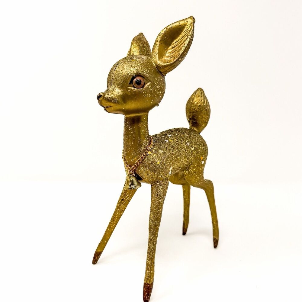 Vintage 1950s Gold Glitter Reindeer Deer Figurine 9” Christmas MCM Kitsch